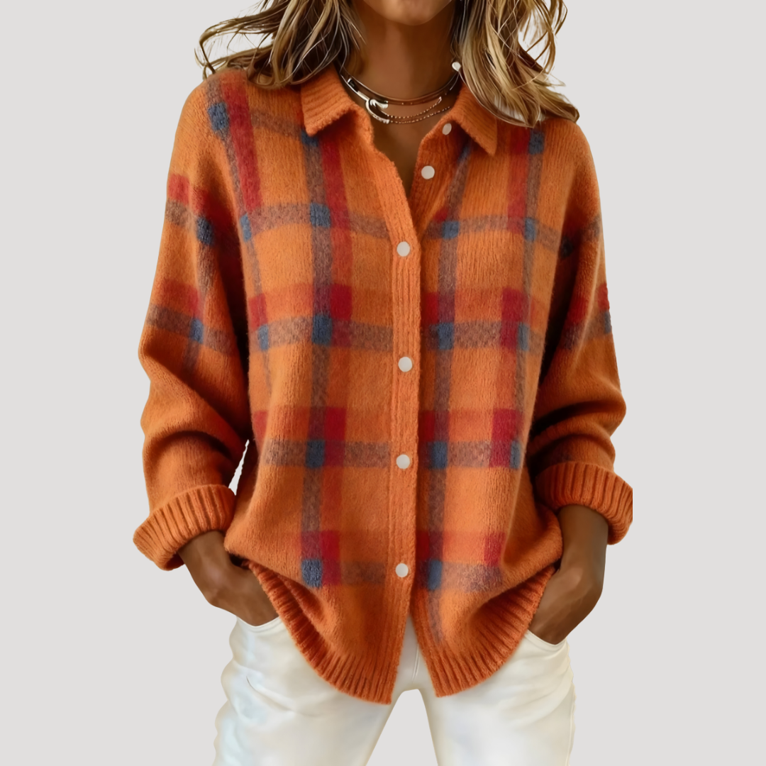 Women's Plaid Knit Cardigan with Loose Fit