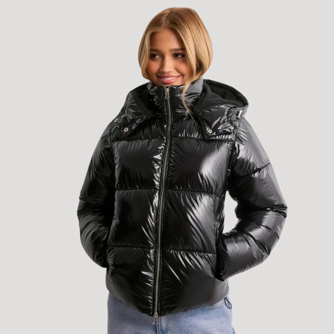 Women's Hooded Puffer Jacket with Shiny Finish