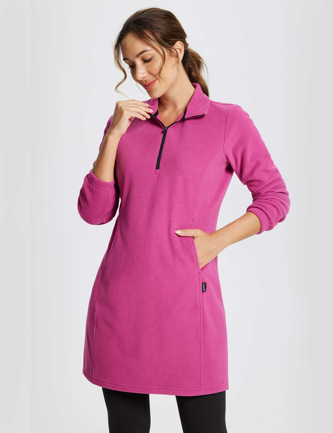 Women's Winter Tunic Dress with Half Zip, High Collar, and Kangaroo Pocket