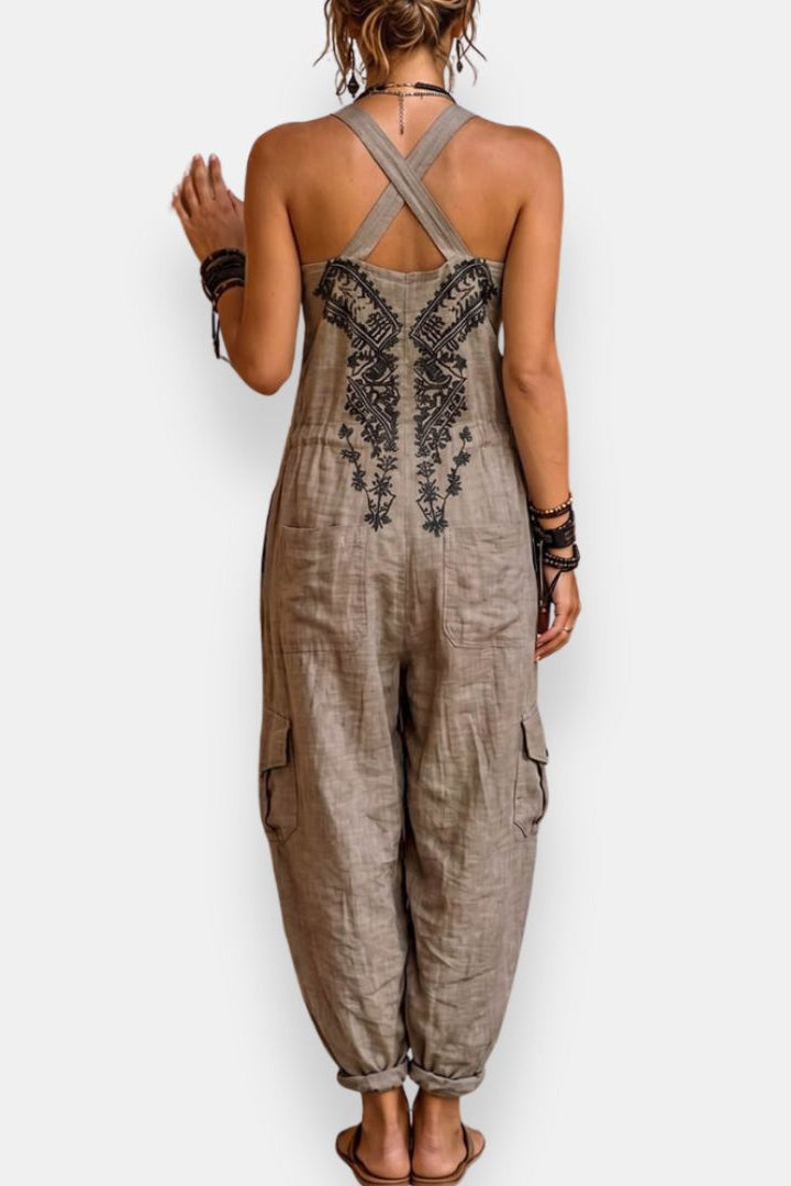 Embroidered Bohemian Women's Jumpsuit with Practical Pockets