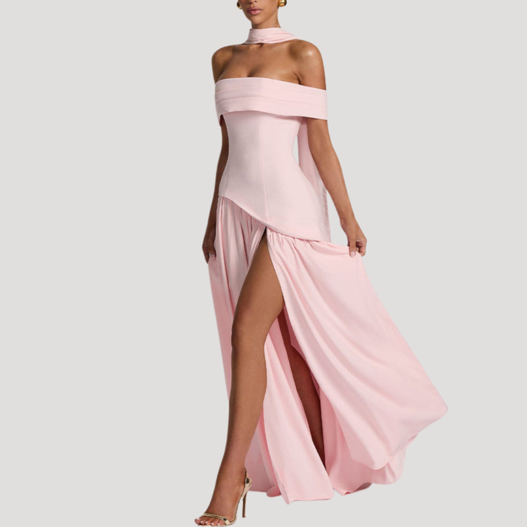 Elegant Off-Shoulder Pleated Long Dress for Women