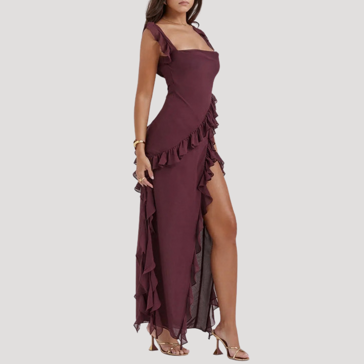 Elegant Long Split Dress with Ruffles