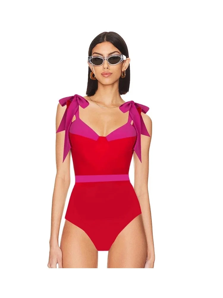 Colorblock Bow Tie Bikini Swimsuit Set