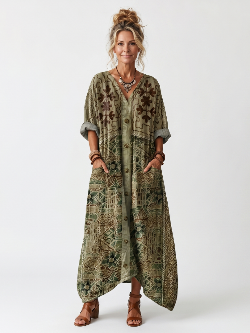 Glyfaith Printed Maxi Dress with Button Placket and Pockets - Elena Harper