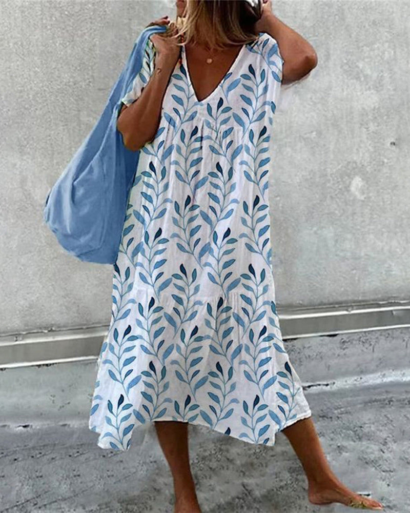 Amarisse | Women's Midi Dress with V-Neck and Leaf Print | Lightweight
