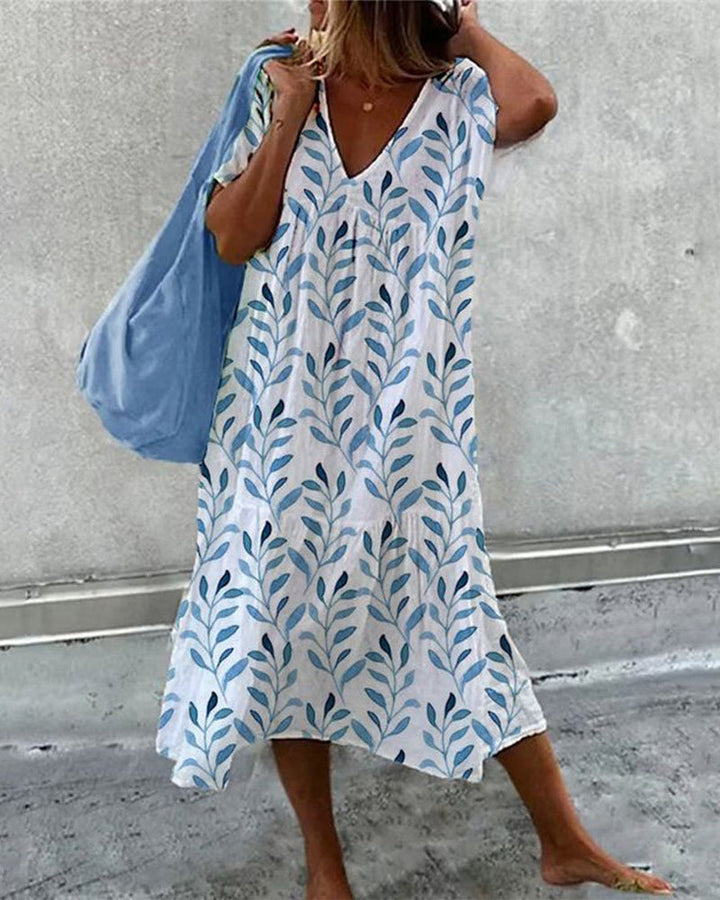 Amarisse | Women's Midi Dress with V-Neck and Leaf Print | Lightweight