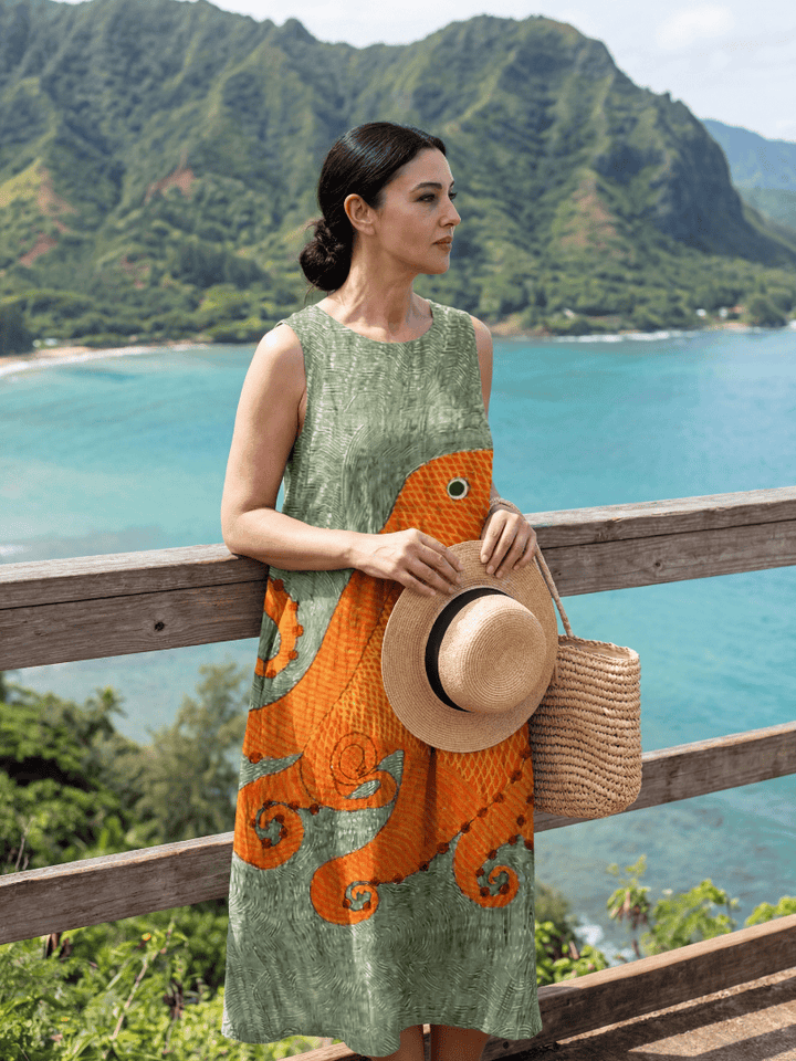 Emma & Rose Cape Town Ronan™ Ocean Wave Midi Dress with flowing fabric and ocean-inspired print on a model.