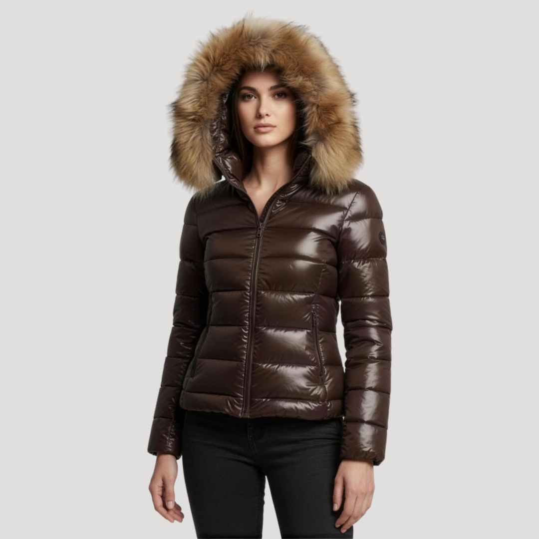 Shiny Women's Hooded Down Jacket with Faux Fur