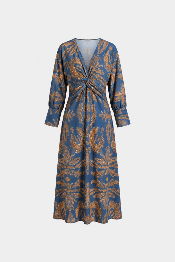 Midi Dress for Women with V-Neck and Print