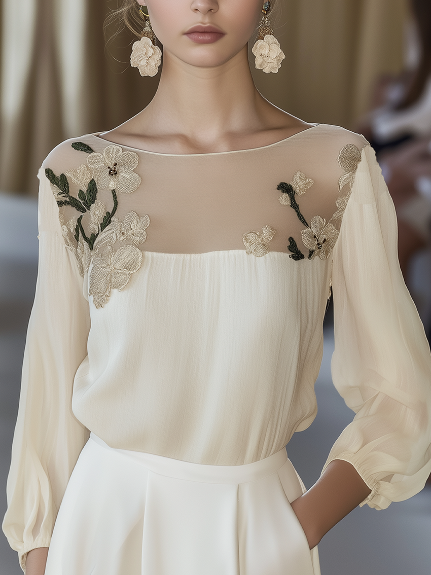 Women's Beige Blouse with Mesh Yoke and Floral Embroidery