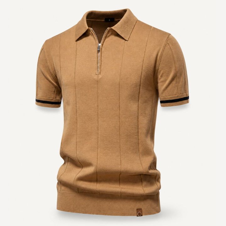 Zippered Collar Polo with Vertical Texture for Men, view 8 - Elena Harper
