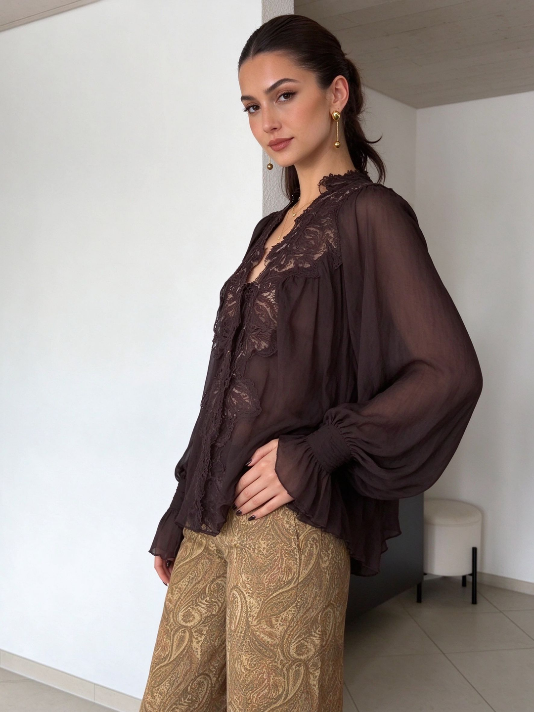 Bow Detail Lace Chiffon Blouse