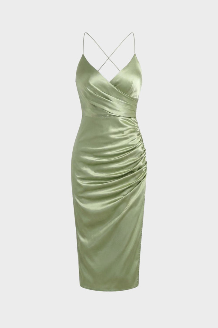 Women's Satin Maxi Dress with Wrap Look and Slit