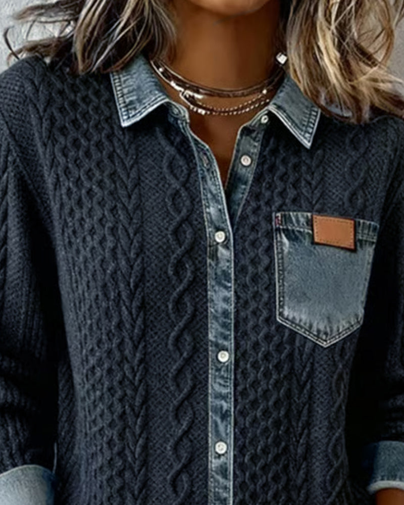 Women's Cable Knit Button-Front Blouse - Elegant Textured Top