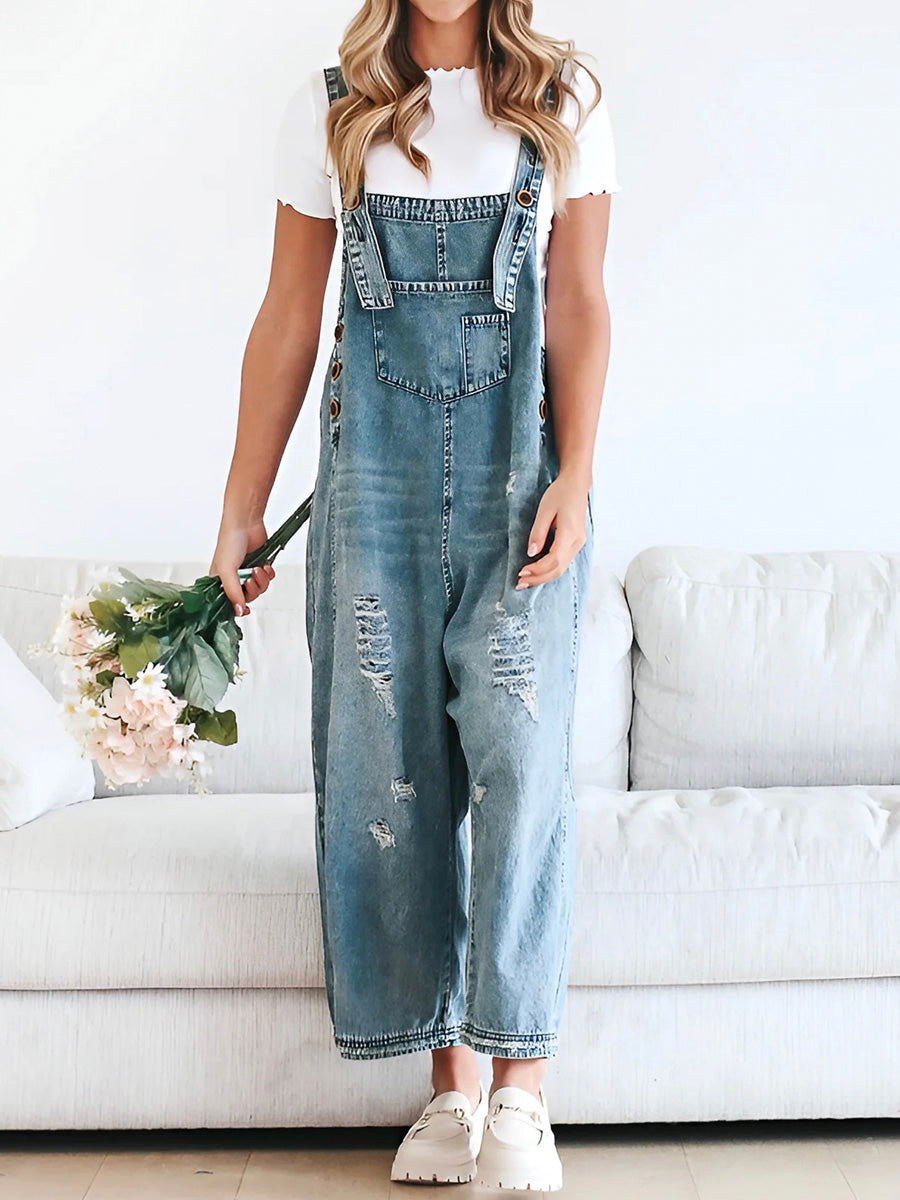 Elessa Loose Fit Denim Overalls in Worn Look - Elena Harper