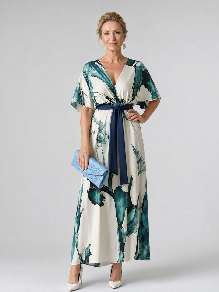 Women's Abstract Belted Flutter Sleeve Maxi Dress