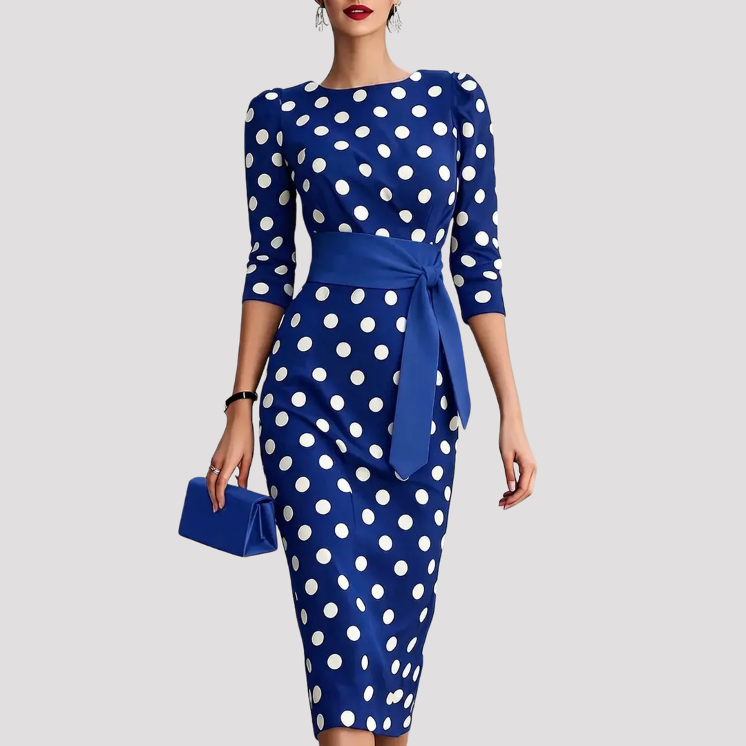 Women's Belted Polka Dot Midi Dress