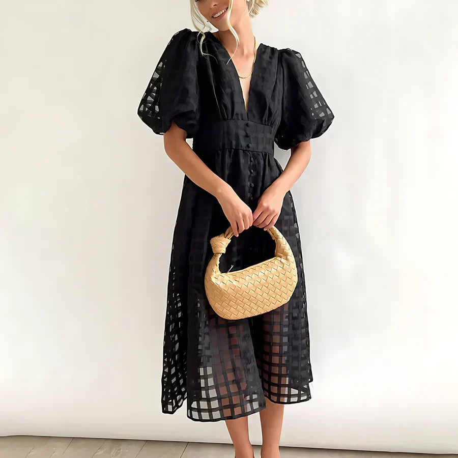 Caelis Midi Dress with Puff Sleeves in Classic Pattern, view 3 - Elena Harper