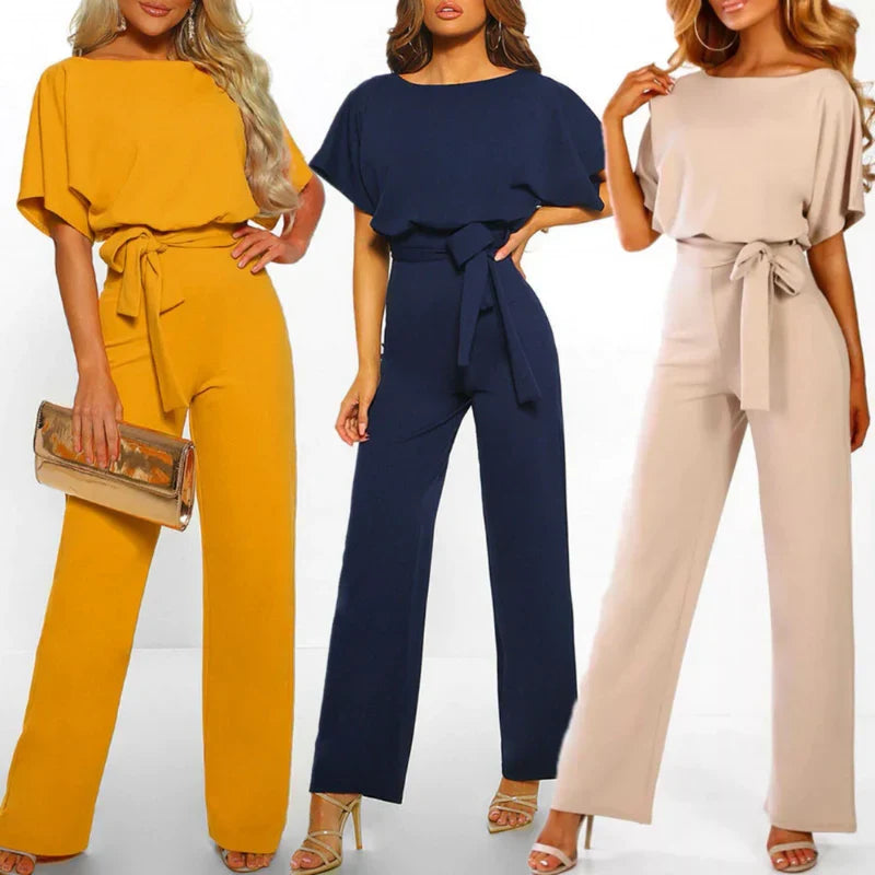 Elegant belted short-sleeve jumpsuit with wide legs for women – Flattering and chic lightweight one-piece outfit