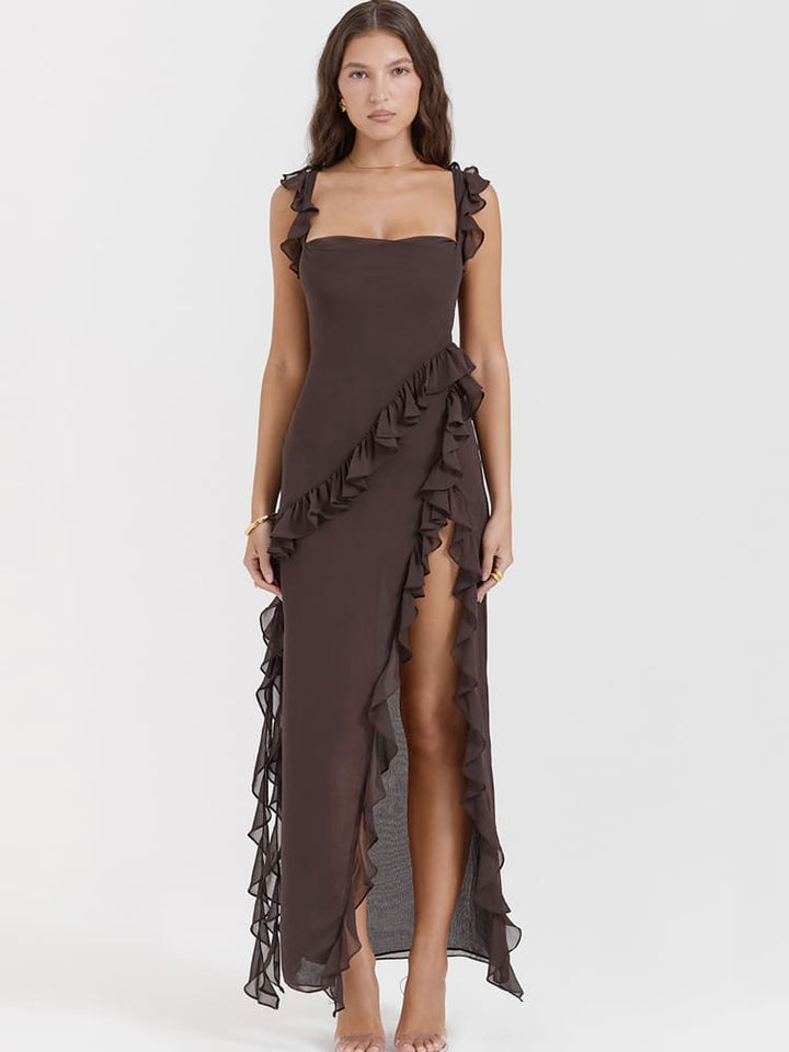 Ruffled Long Maxi Slip Dress - Coffee