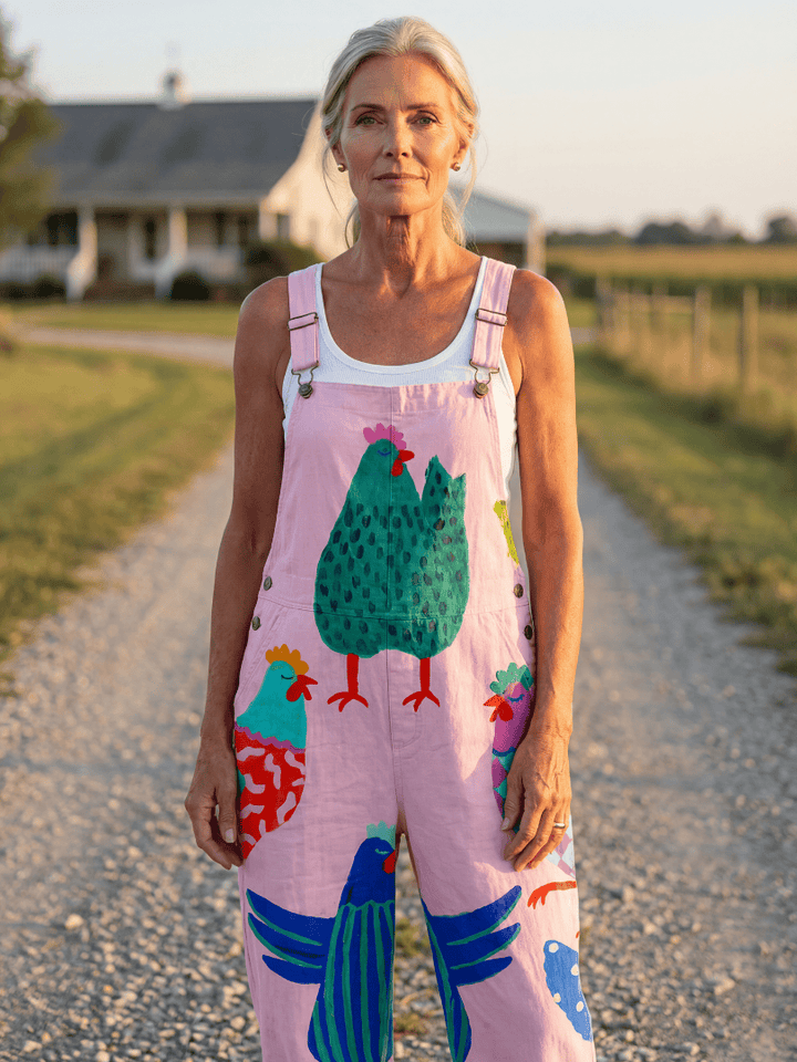 Sanna™ Hen Motif Jumpsuit by Emma & Rose Cape Town, featuring a hen print, sleeveless design, and relaxed fit on a model.