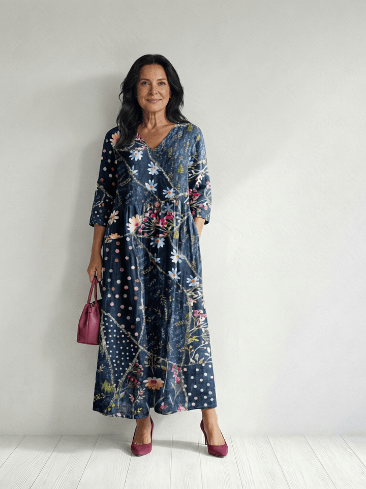 Zane™ Gather Floral Midi Dress by Emma & Rose Cape Town, featuring a flowy silhouette and colorful floral print.