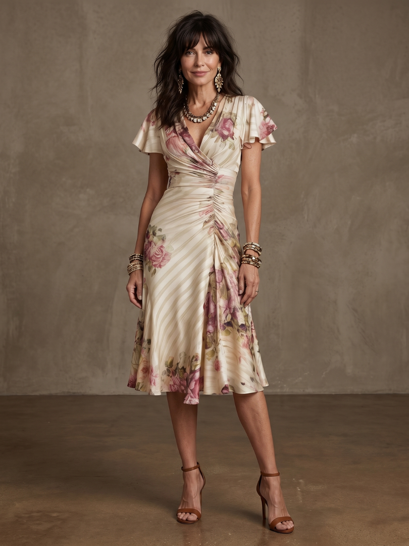 Women's Floral Wrap Ruched Midi Dress