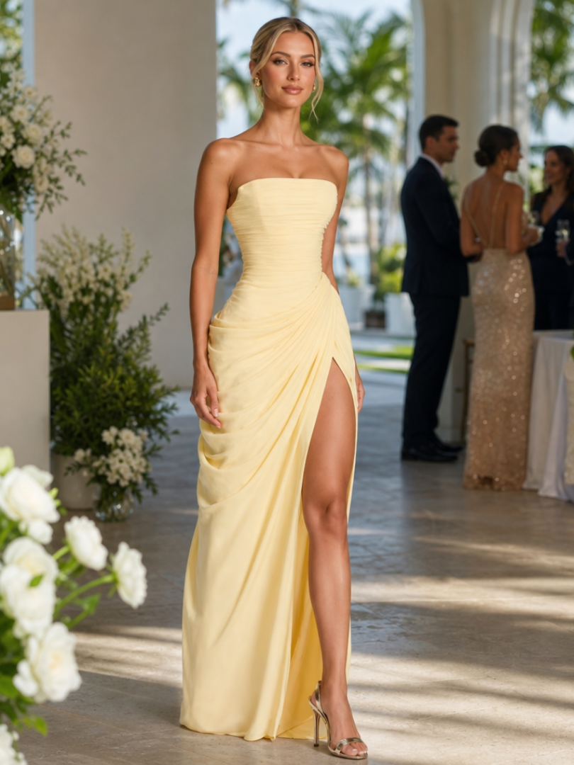 Women's Strapless High Slit Maxi Dress - Elegant Evening Gown