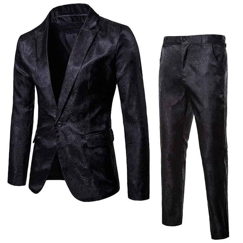 Men's Slim Fit Jacquard Suit Set Formal Blazer & Trousers - Elena Harper
