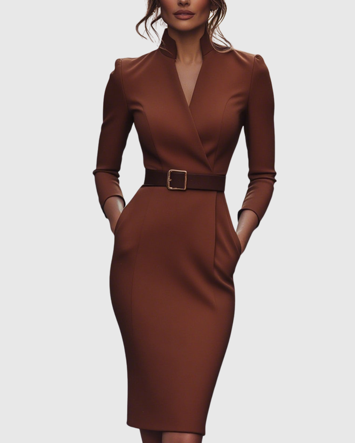 Women's Elegant Mock Wrap Midi Dress with Flattering Belt