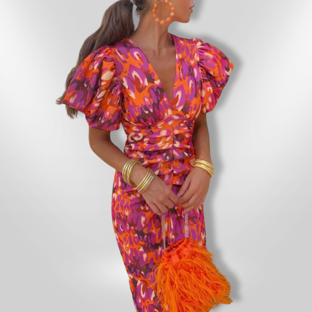 Arielle Colourful Dress With Pleated Sleeves - Elena Harper