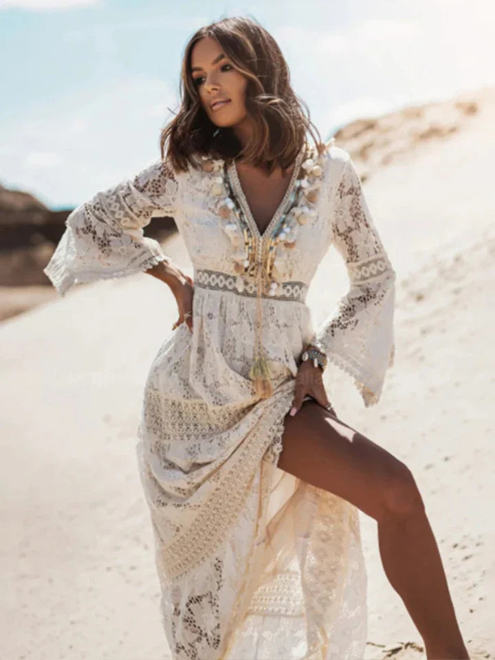 Bohemian Maxi Dress with Lace and Elegant Flared Sleeves