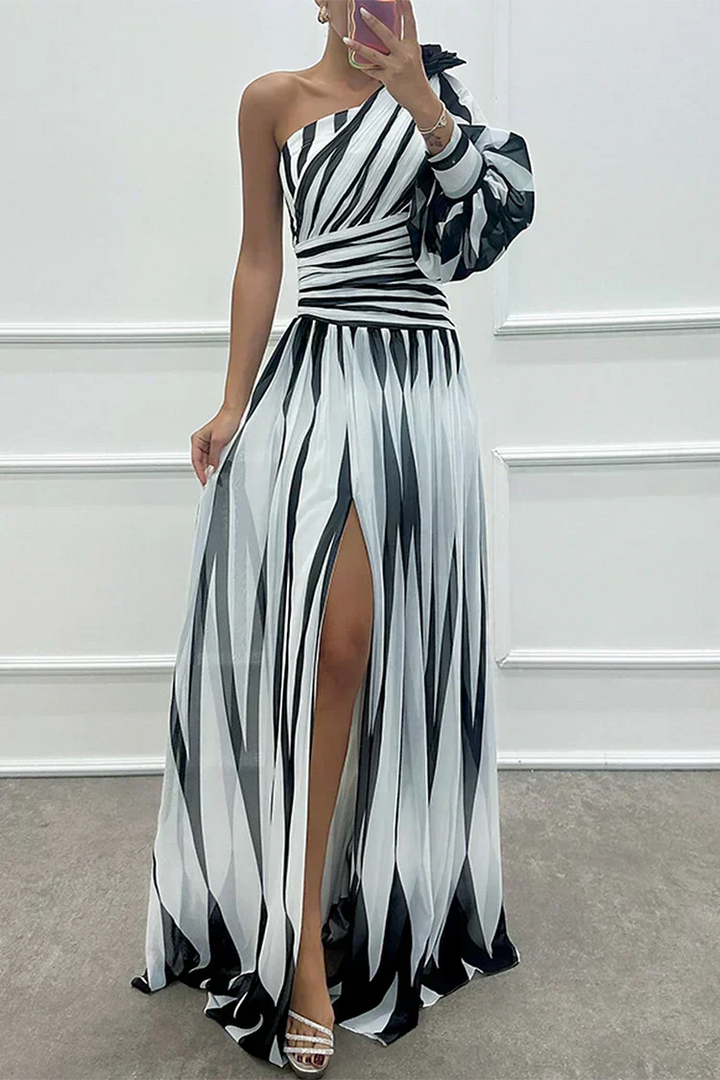 Women's Striped One-Shoulder Maxi Dress with Slit