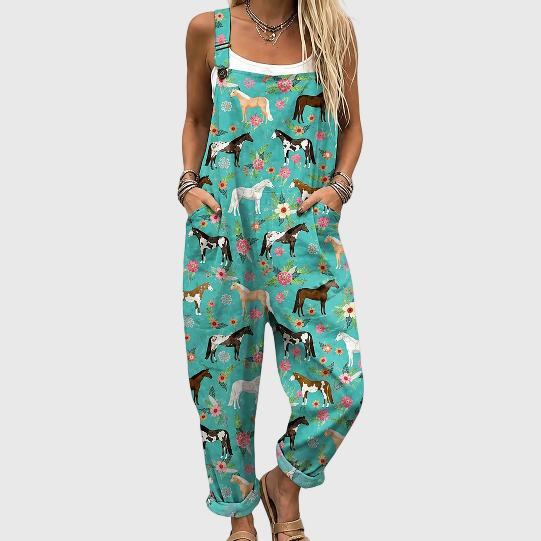 Women's Flowered Horses Relaxed Fit Jumpsuit