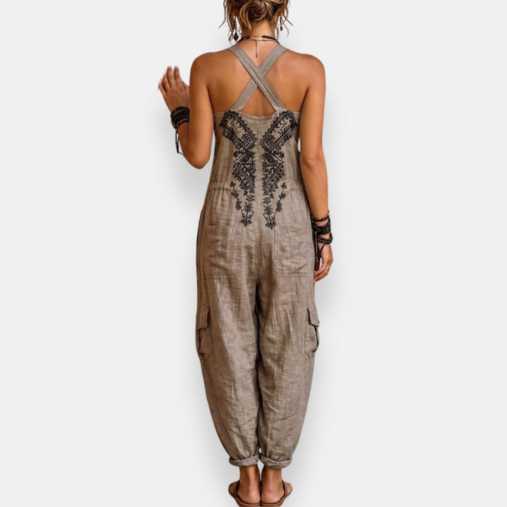 Women's Boho Jumpsuit with Adjustable Straps and Decorative Embroidery