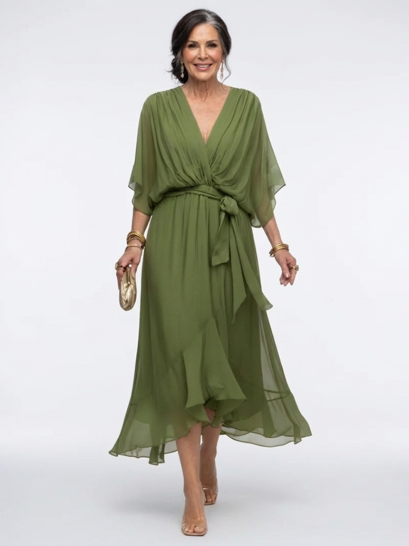 Elysia V Neck Draped Waist Tie Midi Dress - Elena Harper