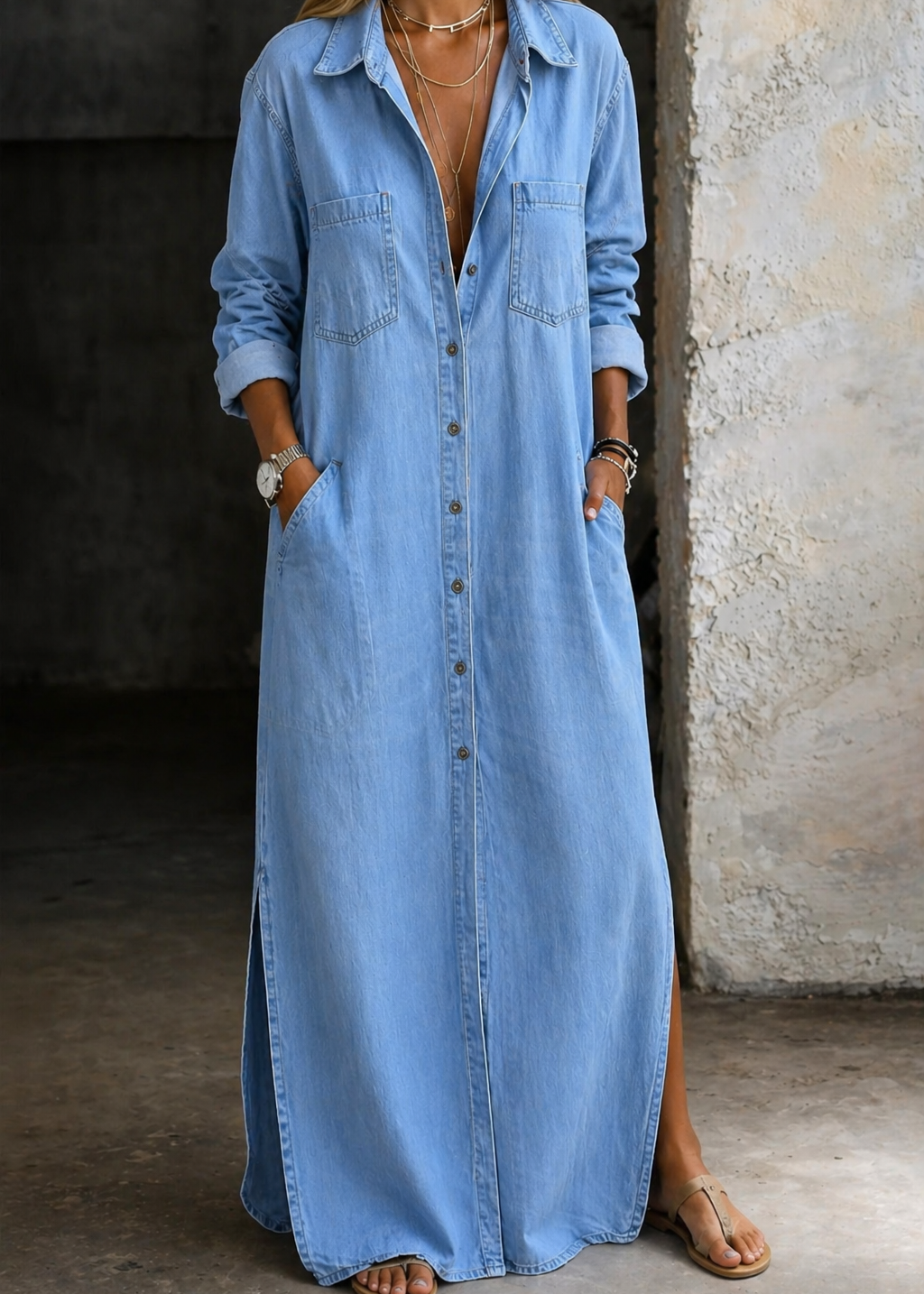 Mila™ | Denim Maxi Blouse Dress