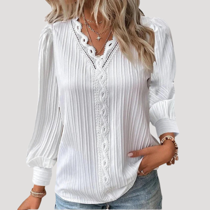 Elegant Women's Pleated Lace V-Neck Blouse