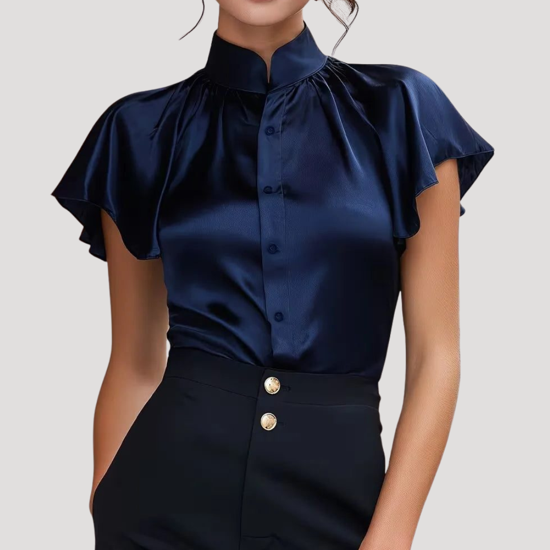 Elegant Satin Blouse for Women with Ruffled Collar and Sleeves