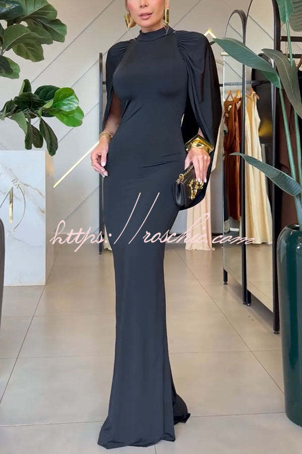 Mermaid High Neck Cape Sleeve Drape Open Back Evening Gown Maxi Dress