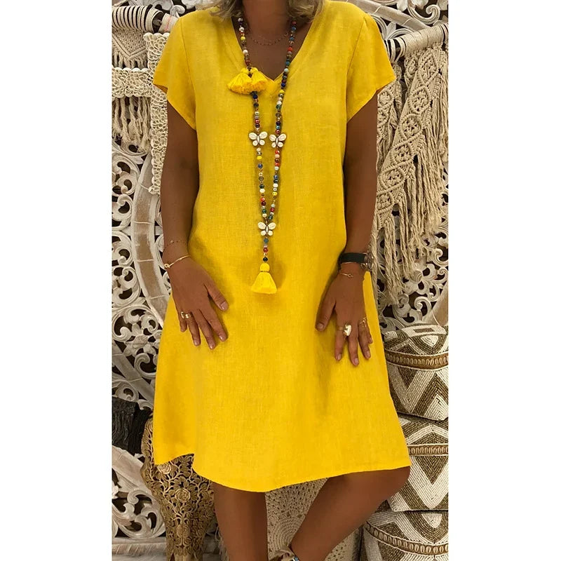 Samaira | Women's Midi Dress with V-Neck and Short Sleeves | Soft