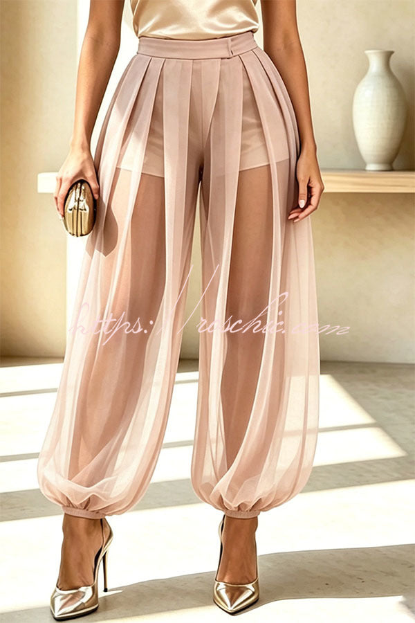 Semi-sheer Mesh Solid Color Mid Rise Patchwork Loose Lantern Pants