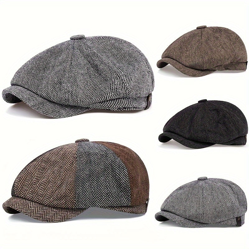 Men's Retro Flat Cap: Classic Herringbone Style for a Vintage Look - Elena Harper