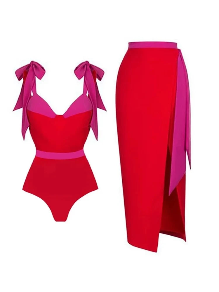 Colorblock Bow Tie Bikini Swimsuit Set