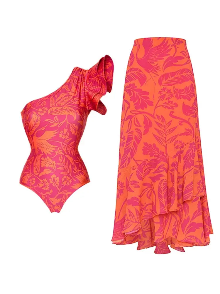 One Shoulder Ruffle Print One Piece Swimsuit Set, view 2 - Elena Harper