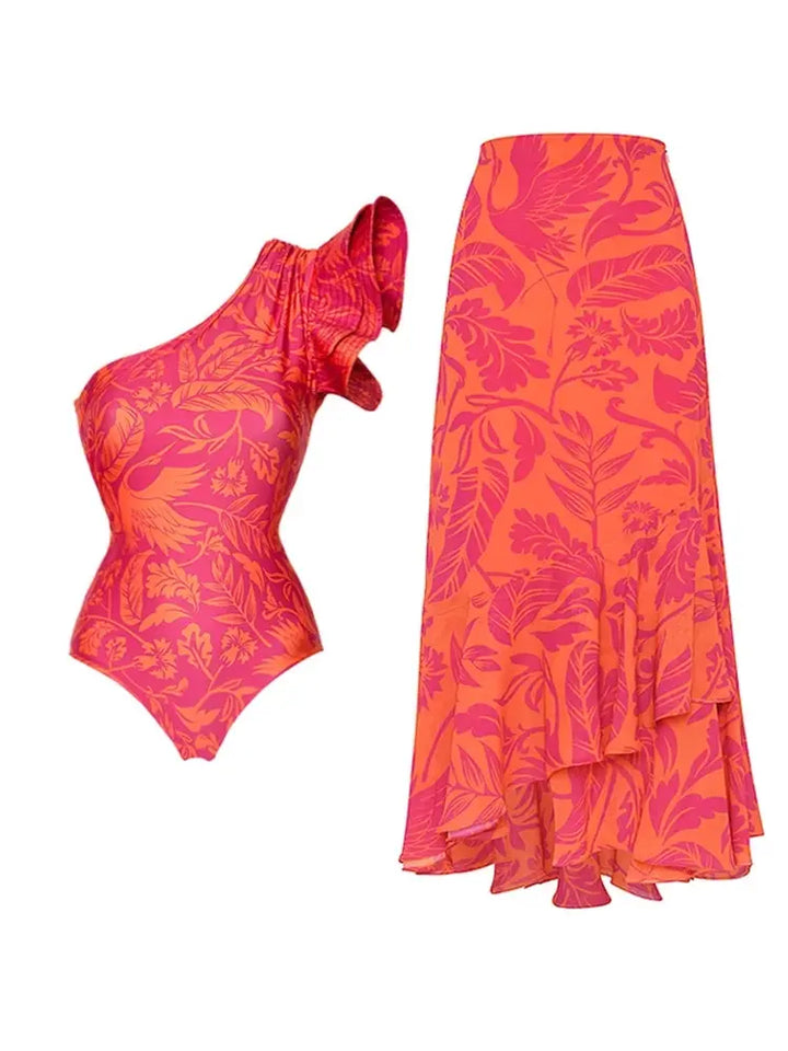 One Shoulder Ruffle Print One Piece Swimsuit Set, view 2 - Elena Harper