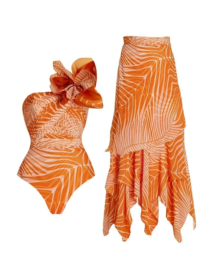 One-Shoulder Floral Salmon Print Swimsuit, view 3 - Elena Harper