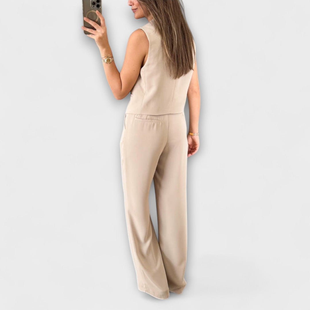 Hazel - Stylish Solid Color V-Neck Vest and Pants Two-Piece Set