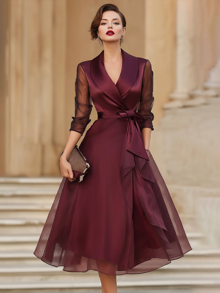 Minerva | Elegant Wrap Midi Dress With Sheer Sleeves