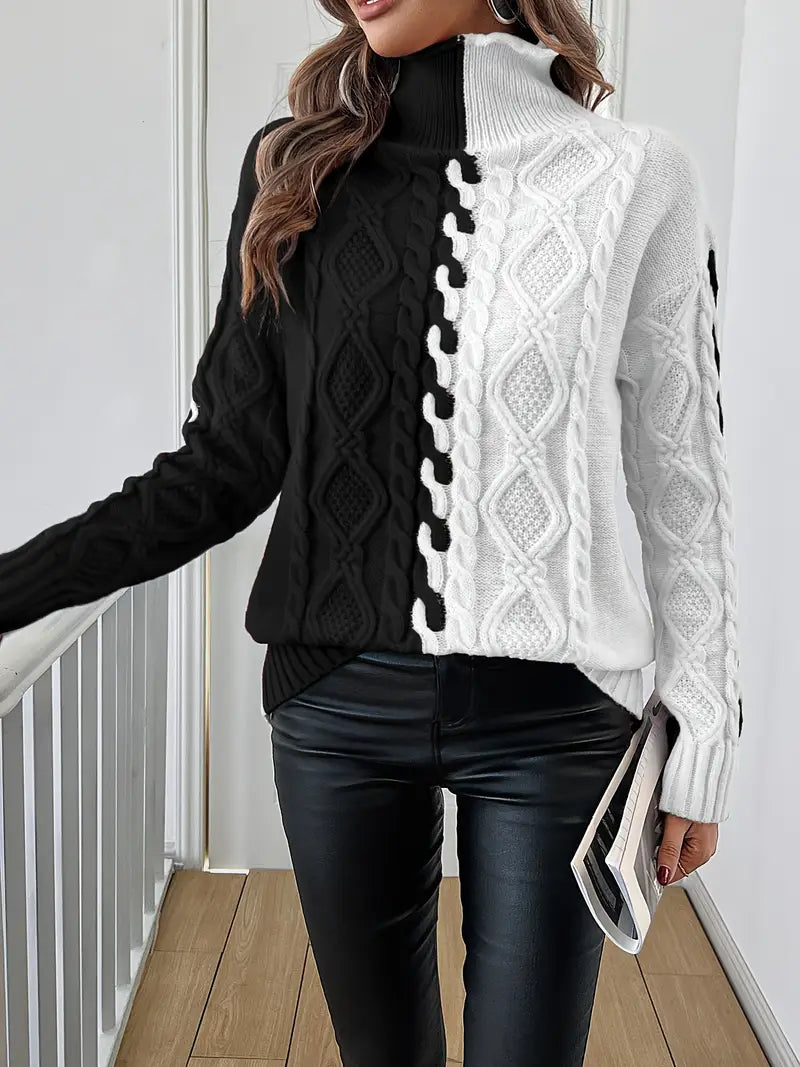 Leovia Elegant Striped Sweater with High Collar, view 2 - Elena Harper